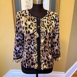St. John Animal Print Ruffle Cardigan